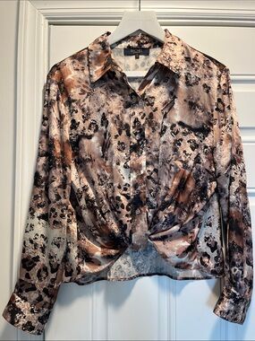 Rachel Abstract Brown & Black Twist-Front Button Shirt